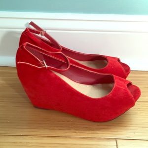 Red faux suede platform wedges